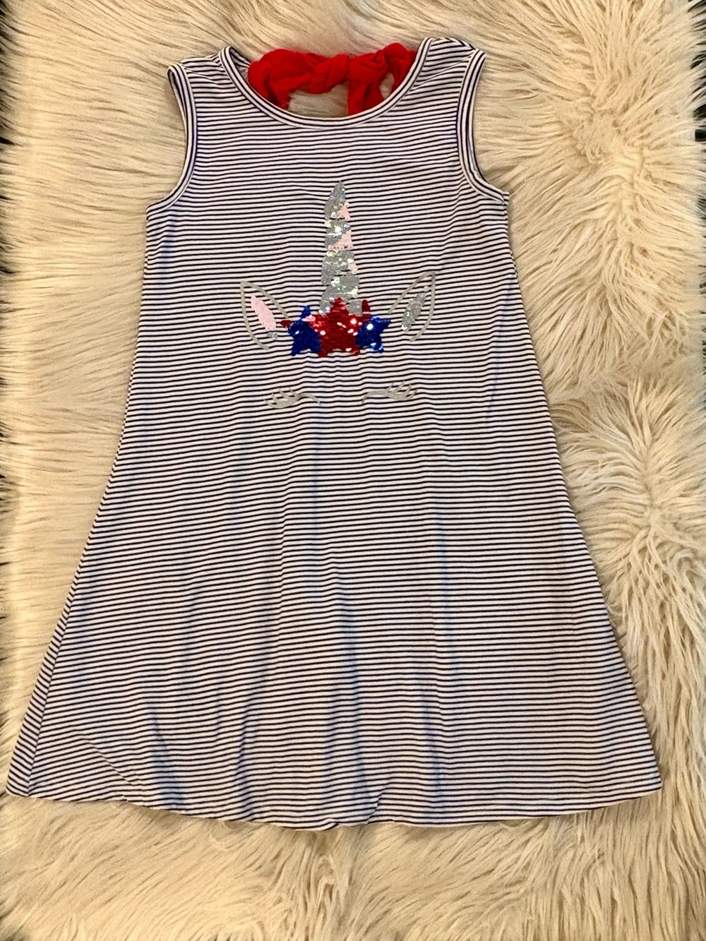 Girls Red White Blue A-line Striped Tank Dress with Unicorn Sequin Size:7